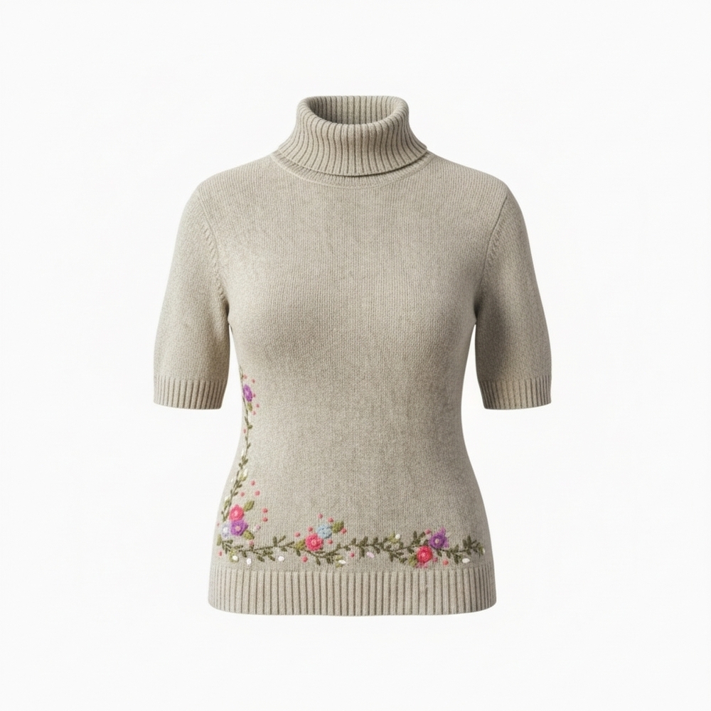 Neiman Marcus Beige Floral Embroidered Turtleneck Sweater Womans Large